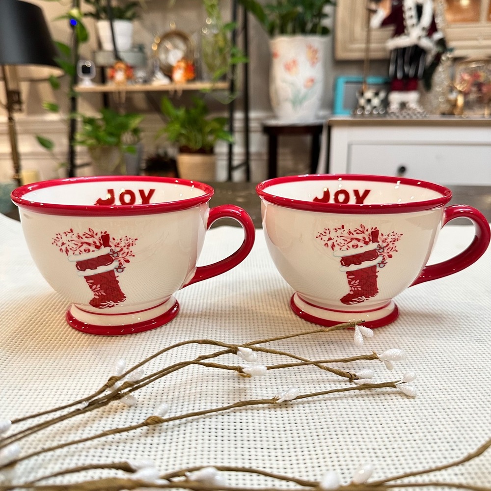 Starbucks Holiday 2007 "Joy" 296 ml ceramic coffee‎ mugs Christmas Stockings 2pc
